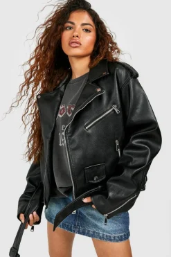 Best Sale boohoo Petite Faux Leather Oversized Biker Jacket black