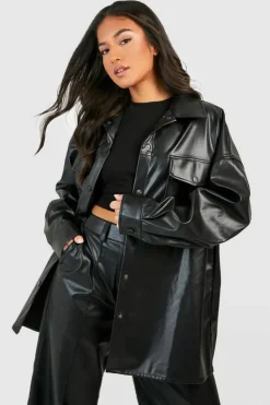 Cheap boohoo Petite Faux Leather Oversized Shacket black