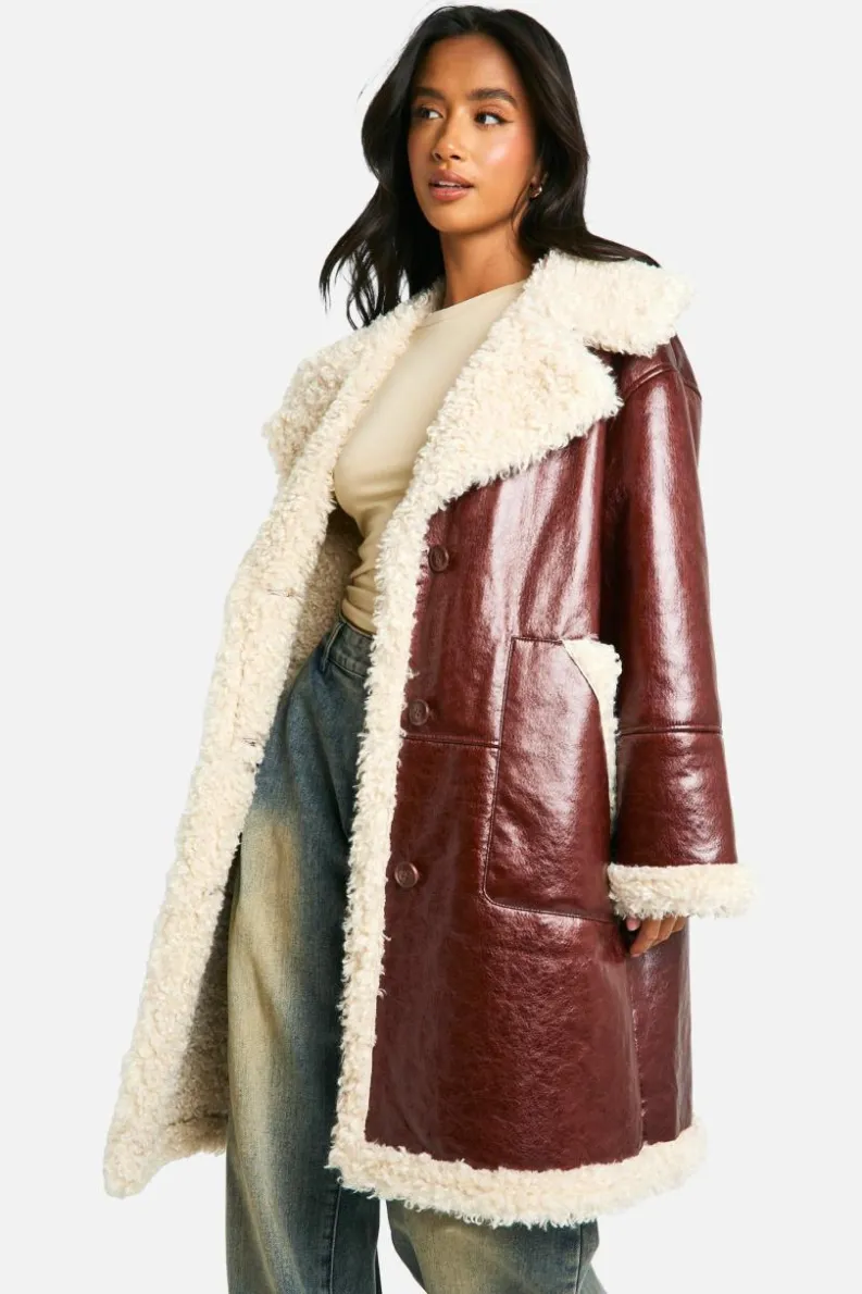 Cheap boohoo Petite Faux Leather Teddy Trim Longline Aviator Jacket brown