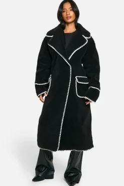 Cheap boohoo Petite Longline Blanket Stitch Teddy Jacket black