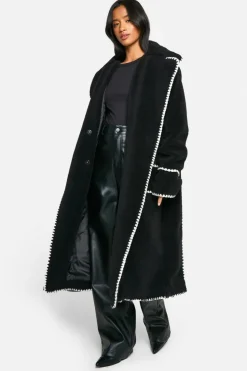 Cheap boohoo Petite Longline Blanket Stitch Teddy Jacket black