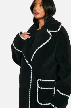 Cheap boohoo Petite Longline Blanket Stitch Teddy Jacket black