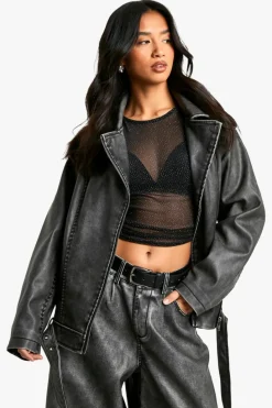 Clearance boohoo Petite Oversized Vintage Faux Leather Biker Jacket vintage wash