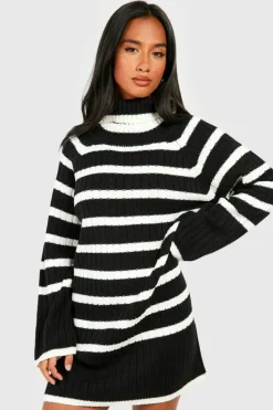 Best boohoo Petite Roll Neck Wide Sleeve Stripe Jumper Dress black