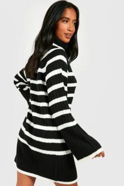 Best boohoo Petite Roll Neck Wide Sleeve Stripe Jumper Dress black