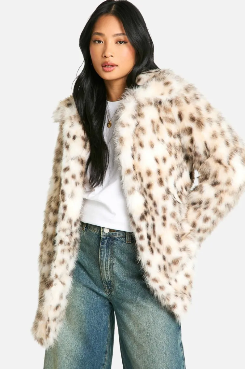 Fashion boohoo Petite Snow Leopard Faux Fur Coat natural