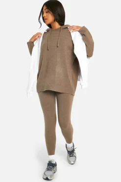 Shop boohoo Petite Soft Knit Hoodie & Trouser Co-ord taupe