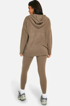 Shop boohoo Petite Soft Knit Hoodie & Trouser Co-ord taupe