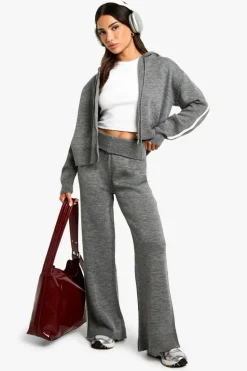 New boohoo Petite Stripe Detail Knitted Hoody And Waist Detail Flared Trouser grey