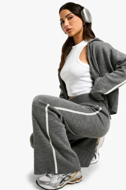 New boohoo Petite Stripe Detail Knitted Hoody And Waist Detail Flared Trouser grey
