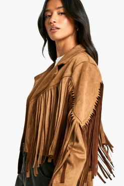 Cheap boohoo Petite Suede Look Fringe Jacket tan