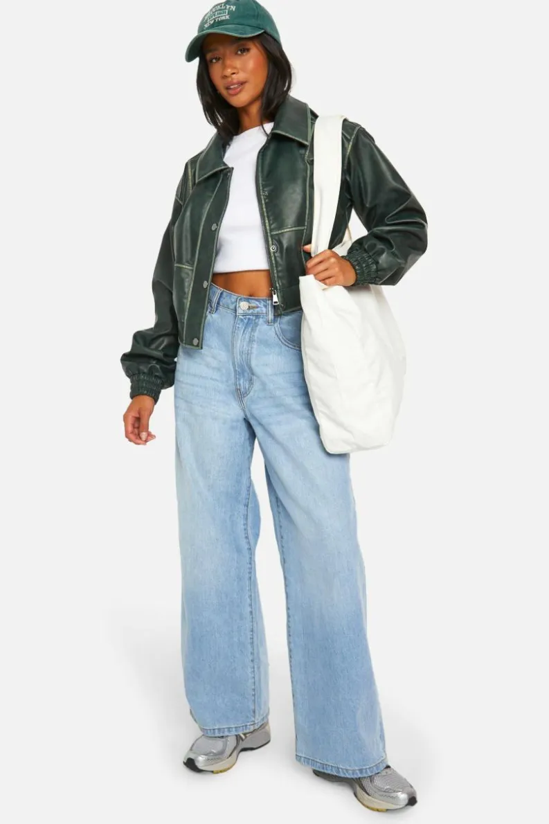Best boohoo Petite Vintage Look Faux Leather Jacket teal