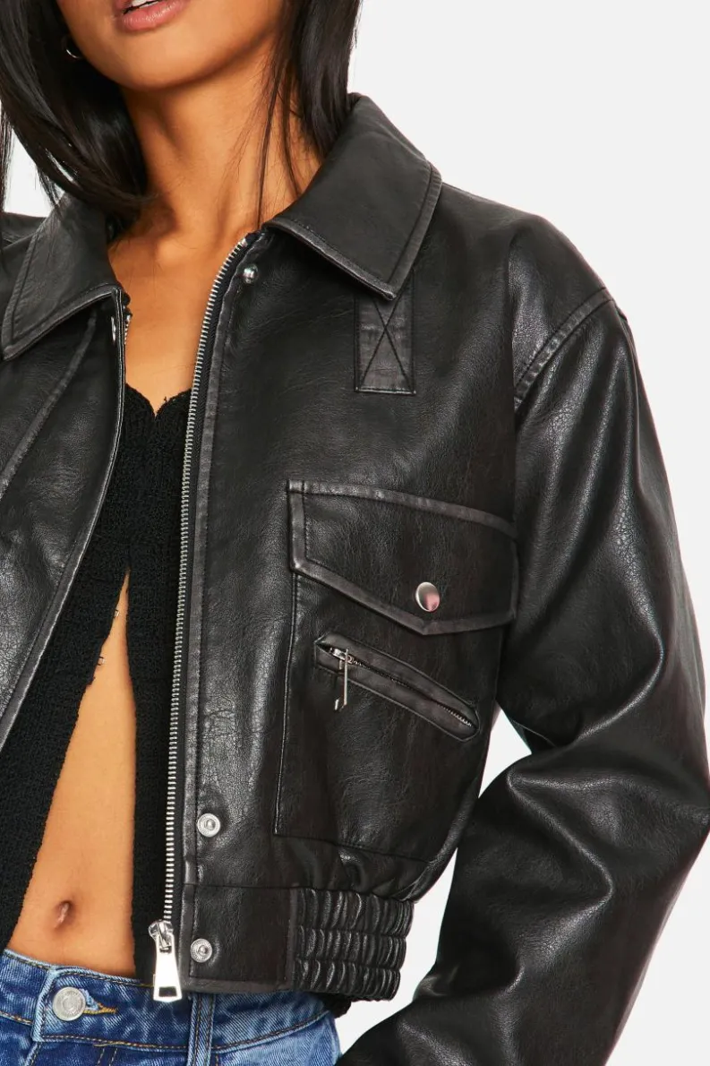 Cheap boohoo Petite Vintage Look Faux Leather Bomber Jacket black