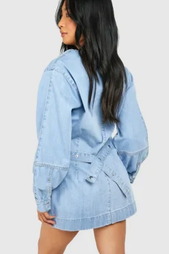 Outlet boohoo Petite Volume Sleeve Denim Wrap Dress blue
