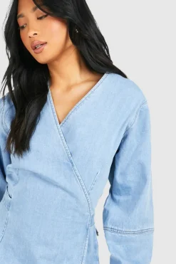 Outlet boohoo Petite Volume Sleeve Denim Wrap Dress blue