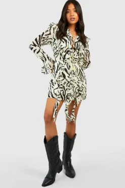 Hot boohoo Petite Zebra Ruffle Boho Mini Dress ivory