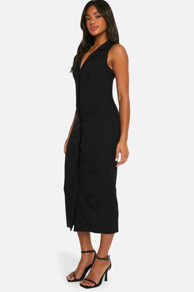 Hot boohoo Pinstripe Bengaline Blazer Midaxi Dress black