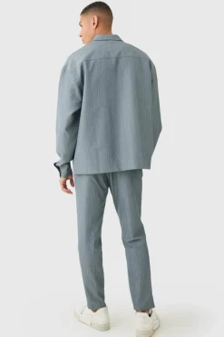 Fashion boohooMAN Pinstripe Relaxed Fit Longline Smart Harrington Jacket grey