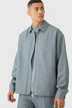Fashion boohooMAN Pinstripe Relaxed Fit Longline Smart Harrington Jacket grey