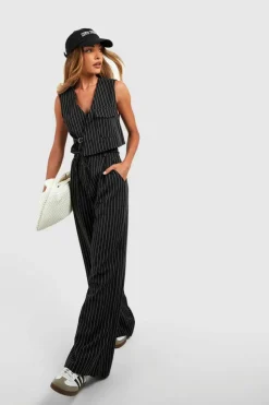 Store boohoo Pinstripe Tie Waist Tailored Wide Leg Trousers black