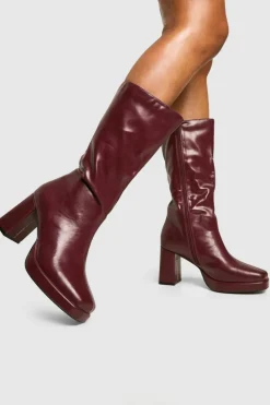 Fashion boohoo Platform Calf High Boots cherry