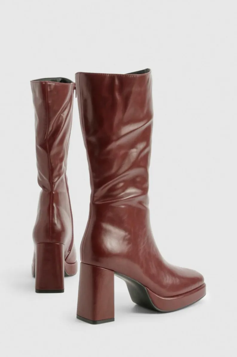 Fashion boohoo Platform Calf High Boots cherry