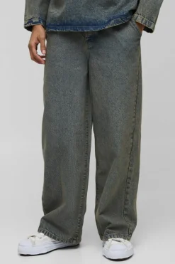 Store boohooMAN Pleated Baggy Jeans antique wash