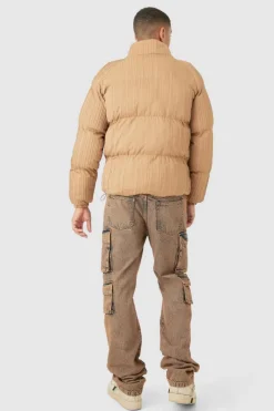 Store boohooMAN Pleated Funnel Neck Puffer Coat In camel