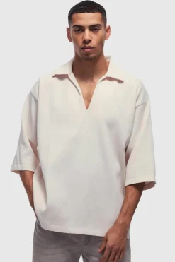Fashion boohooMAN Pleated Oversized V Neck Shirt ecru
