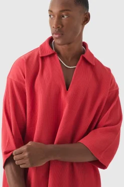 Cheap boohooMAN Pleated Oversized V Neck Shirt red