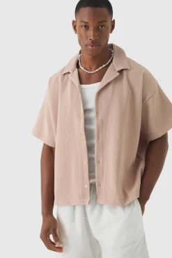Best boohooMAN Pleated Short Sleeve Oversized Boxy Shirt taupe