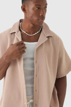 Best boohooMAN Pleated Short Sleeve Oversized Boxy Shirt taupe