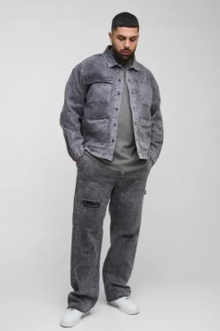 Best boohooMAN Plus Acid Wash Distressed Relaxed Fit Carpenter Trousers grey