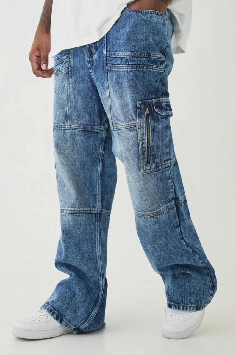 Hot boohooMAN Plus Acid Wash Panel Cargo Flared Jeans antique wash