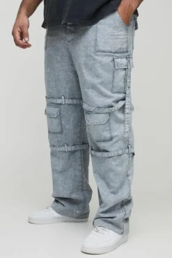 Best Sale boohooMAN Plus Acid Wash Strappy Relaxed Fit Cargo Trousers grey