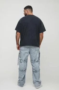 Best Sale boohooMAN Plus Acid Wash Strappy Relaxed Fit Cargo Trousers grey