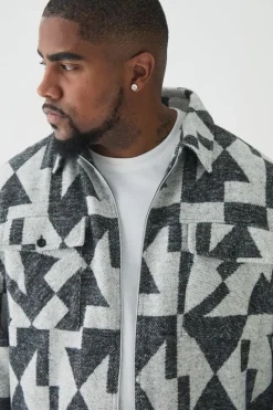 Cheap boohooMAN Plus Aztec Print Zip Through Overshirt grey