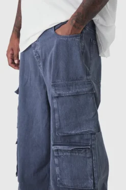 Fashion boohooMAN Plus Baggy Fit Washed Multi Pocket Cargo Jeans grey