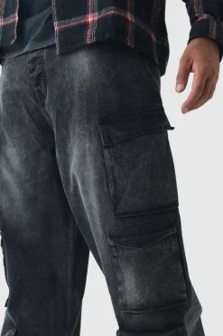 New boohooMAN Plus Baggy Fit Washed Multi Pocket Cargo Jeans washed black