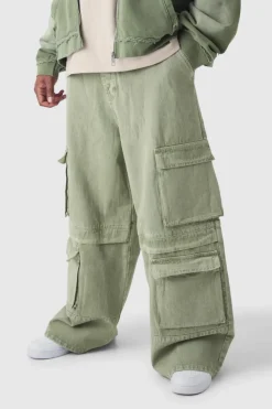Discount boohooMAN Plus Baggy Fit Washed Multi Pocket Cargo Jeans khaki