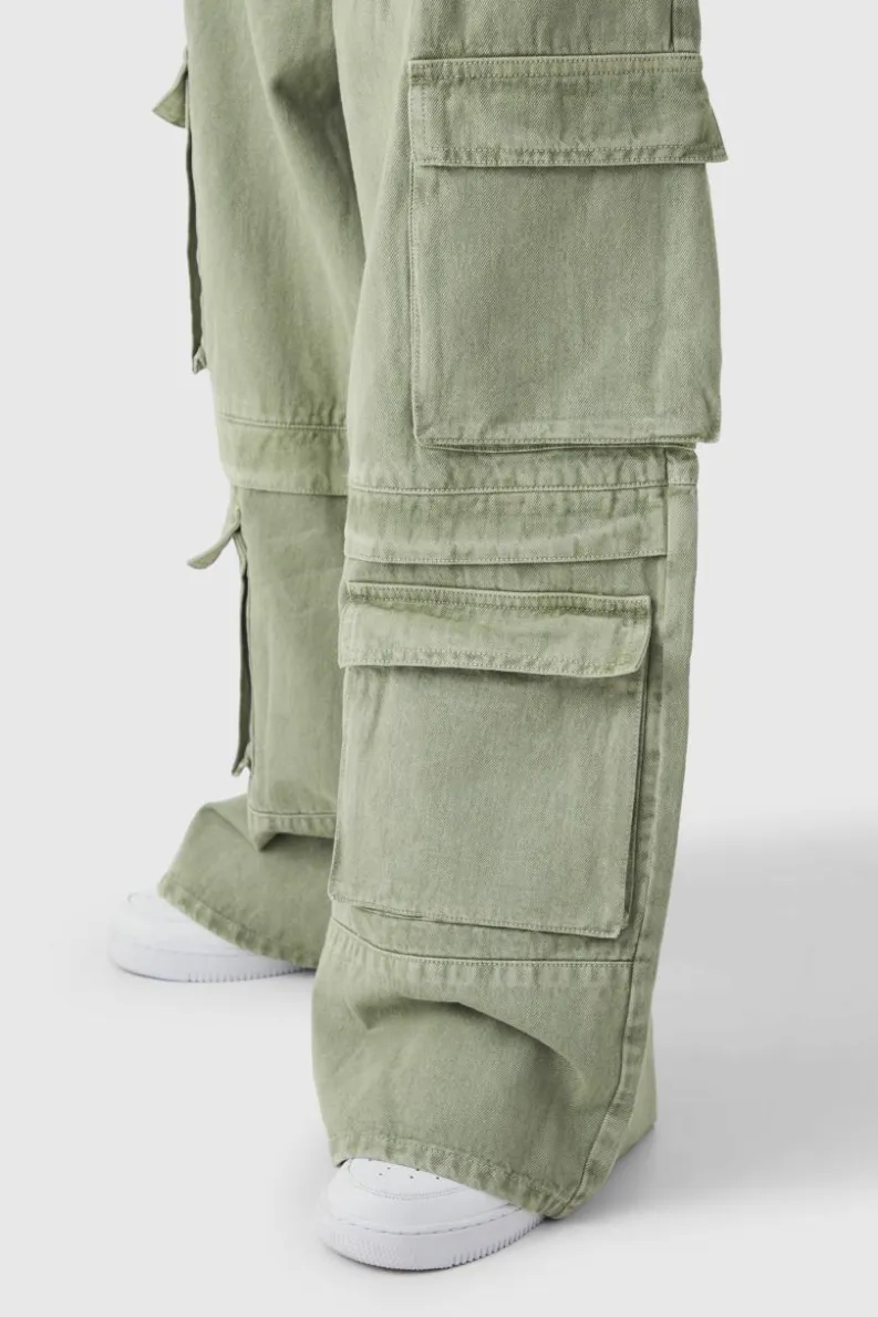 Discount boohooMAN Plus Baggy Fit Washed Multi Pocket Cargo Jeans khaki