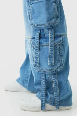 Cheap boohooMAN Plus Baggy Rigid Multi Pocket Strap Detail Cargo Jeans light blue