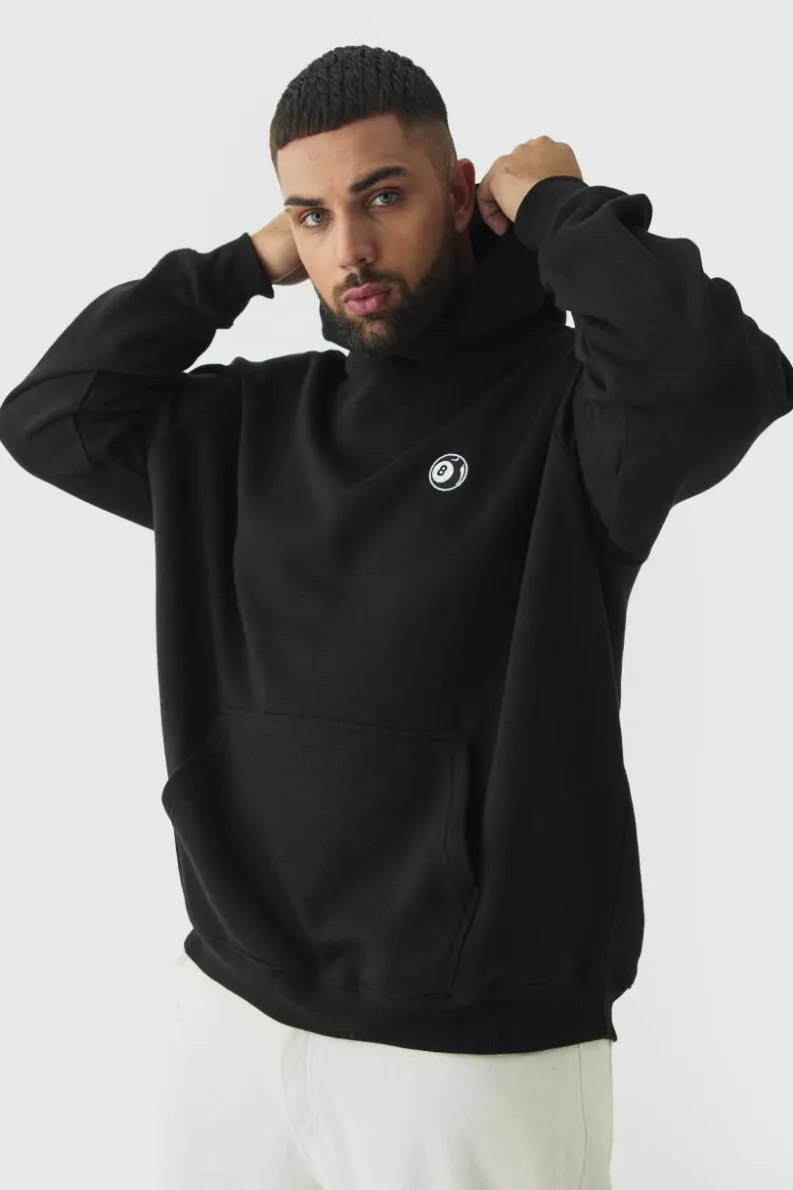 Cheap boohooMAN Plus 8 Ball Embroidered Hoodie black