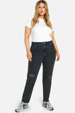 Discount boohoo Plus Basics High Waisted Ripped Mom Jeans washed black