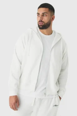 Outlet boohooMAN Plus Basic Zip Through Hoodie In white