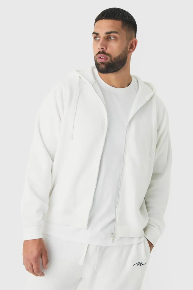 Outlet boohooMAN Plus Basic Zip Through Hoodie In white