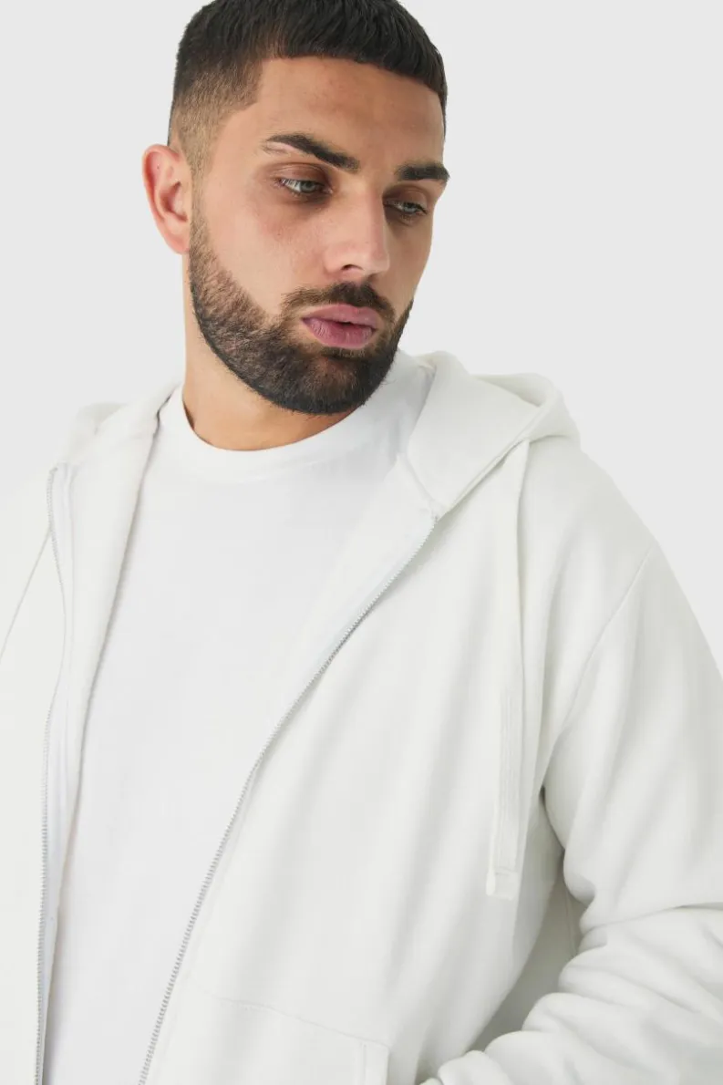 Outlet boohooMAN Plus Basic Zip Through Hoodie In white