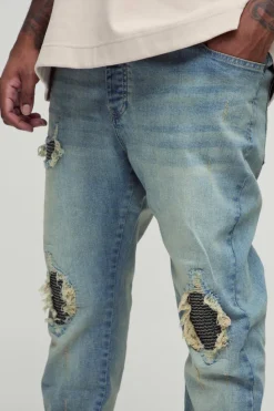 Cheap boohooMAN Plus Biker Rip & Repair Zip Hem Skinny Jeans stonewash