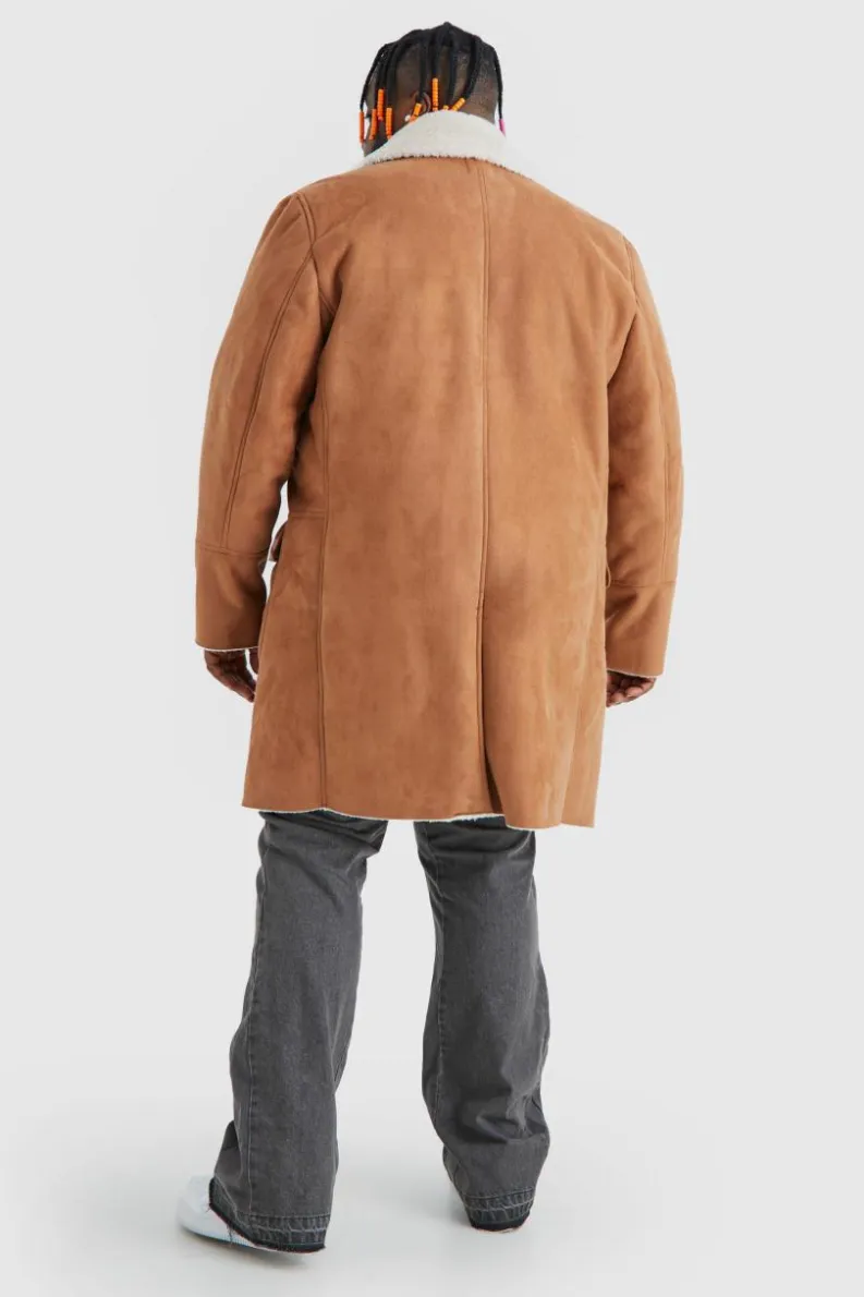 New boohooMAN Plus Borg Lined Double Breasted Overcoat in tan