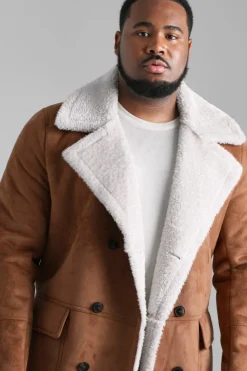New boohooMAN Plus Borg Lined Double Breasted Overcoat in tan